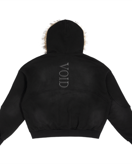 Back of the Shinsei sunfade zip hoodie: VOID printed vertically, faux-fur hood trim