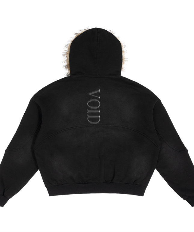 Shinsei Sun Fade hoodie in black with detachable fur trim — Obrava Collective
