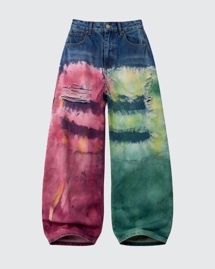 Core color-splatter jeans laid flat, front