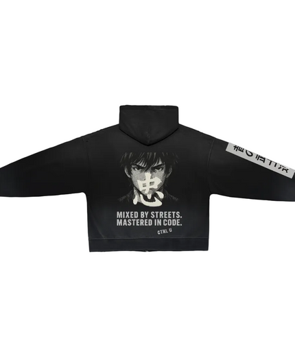 Dystopian washed distressed full-zip hoodie, heavyweight fleece — Obrava Collective