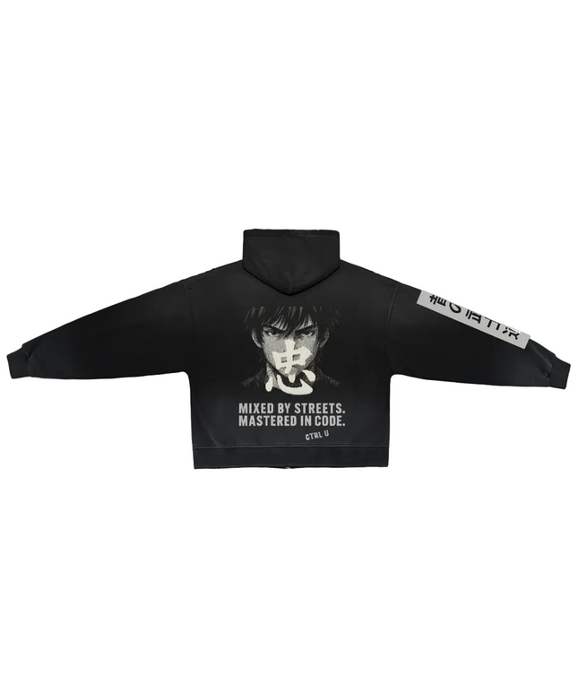 Dystopian washed distressed full-zip hoodie, heavyweight fleece — Obrava Collective
