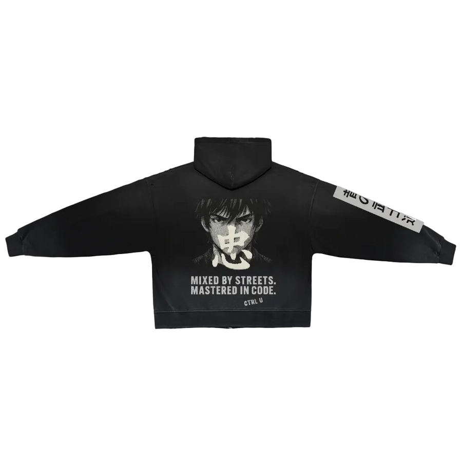 Dystopian washed distressed full-zip hoodie, heavyweight fleece — Obrava Collective