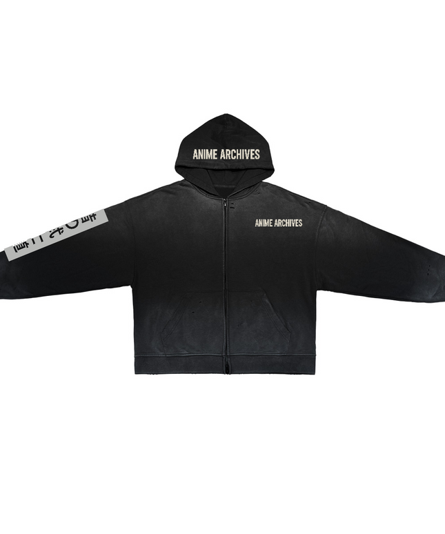 Dystopian washed distressed full-zip hoodie, heavyweight fleece — Obrava Collective