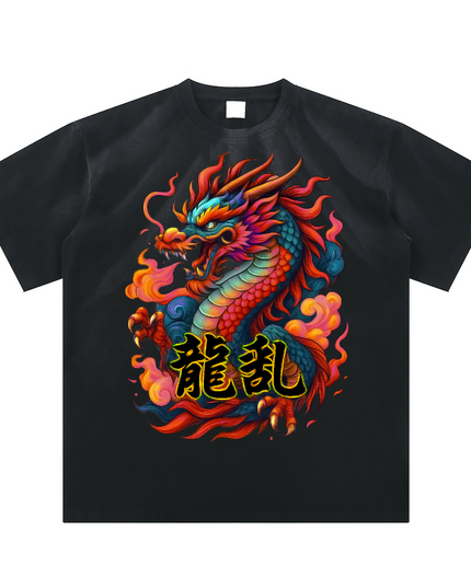 Kanji Dragon sunfade tee in black, front: full-color dragon in flames with 龍乱 kanji