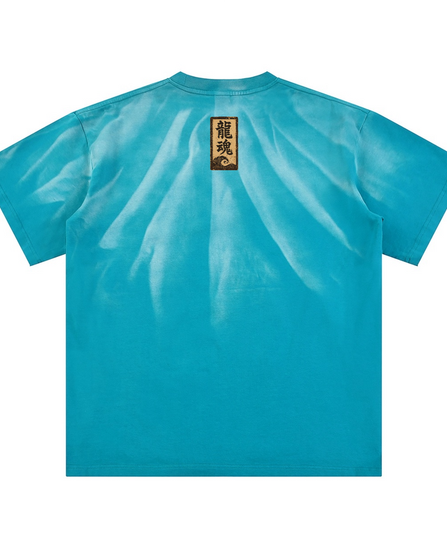 Kanji Dragon sunfade hand-scrunched graphic tee, heavyweight cotton — Obrava Collective