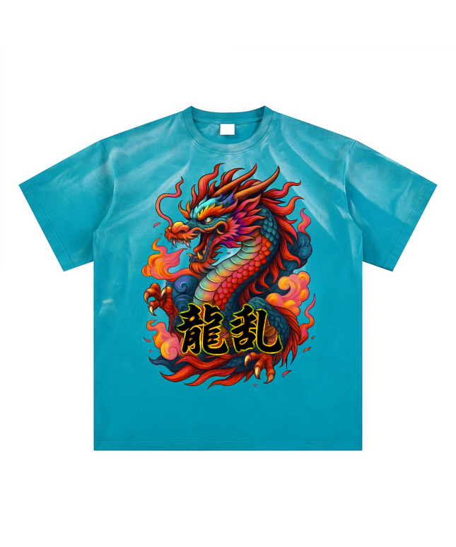 Kanji Dragon sunfade hand-scrunched graphic tee, heavyweight cotton — Obrava Collective