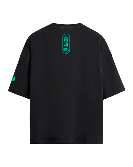 Back of the Neo Blade tee with the 龍魂 dragon soul kanji badge printed in teal