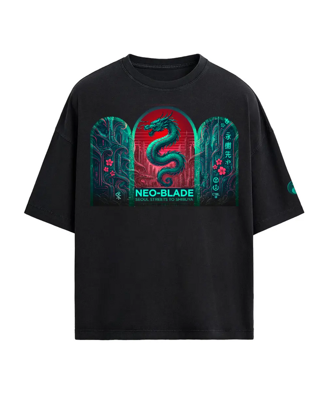 Neo Blade oversized tee in black, front: teal dragon over a red sun inside three arches