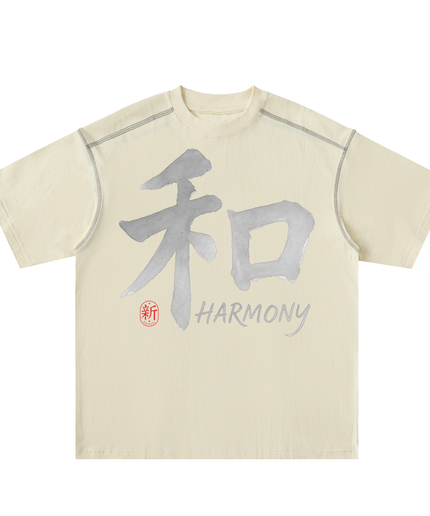 Shinsei Harmony contrast-stitch oversized tee in mild apricot — Obrava Collective