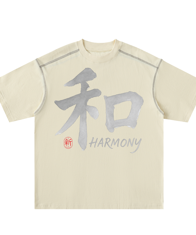 Shinsei Harmony contrast-stitch oversized tee in mild apricot — Obrava Collective