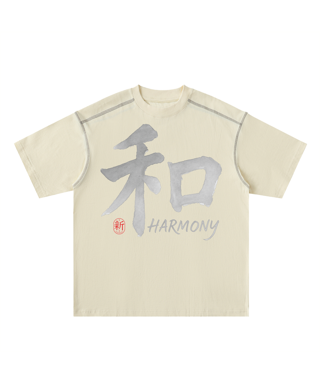 Shinsei Harmony contrast-stitch oversized tee in mild apricot — Obrava Collective