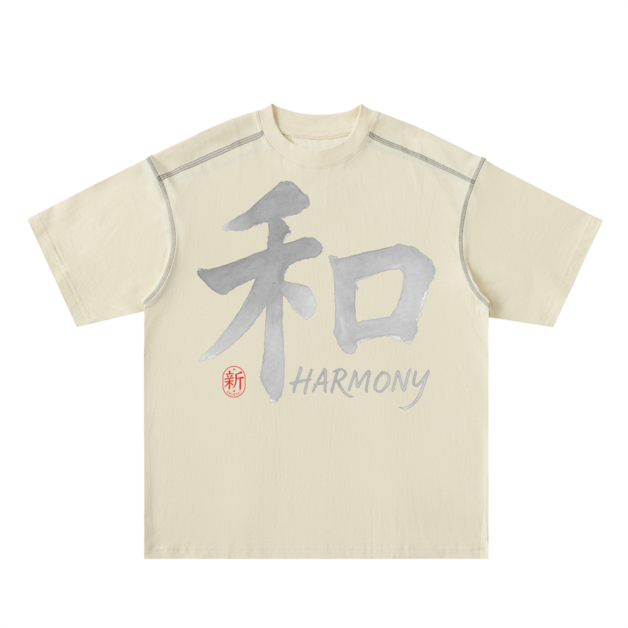 Shinsei Harmony contrast-stitch oversized tee in mild apricot — Obrava Collective