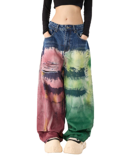 Model wearing the color-splatter wide-leg jeans, front