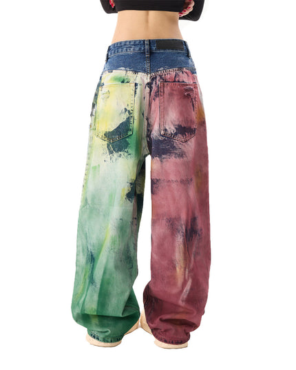 Back of the color-splatter wide-leg jeans on model