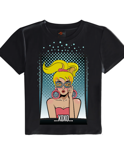 Core XOXO cropped baby tee in black, front: pop-art face in heart sunglasses with XOXO
