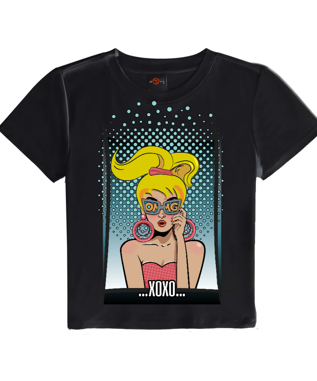 Core XOXO cropped baby tee in black, front: pop-art face in heart sunglasses with XOXO