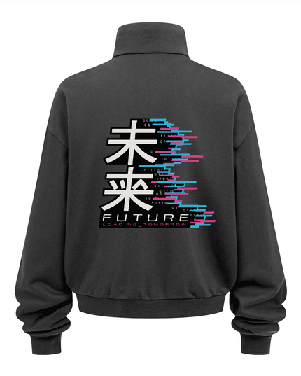 Core stand-collar zip jacket in black, back: 未来 FUTURE glitch print