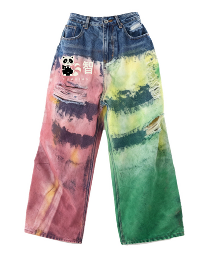 Core color-splatter wide-leg jeans, front, with the raccoon 智 patch