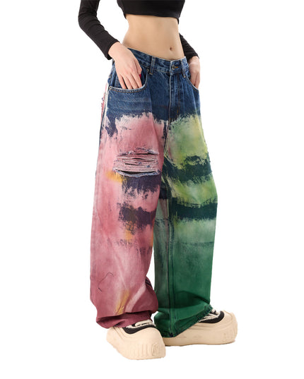 Side view of the color-splatter wide-leg jeans on model
