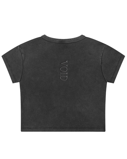 Back of the Shinsei Void crop top: VOID printed vertically