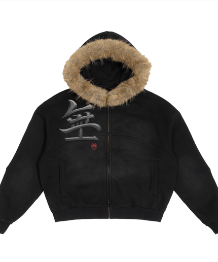 Shinsei Sun Fade hoodie in black with detachable fur trim — Obrava Collective