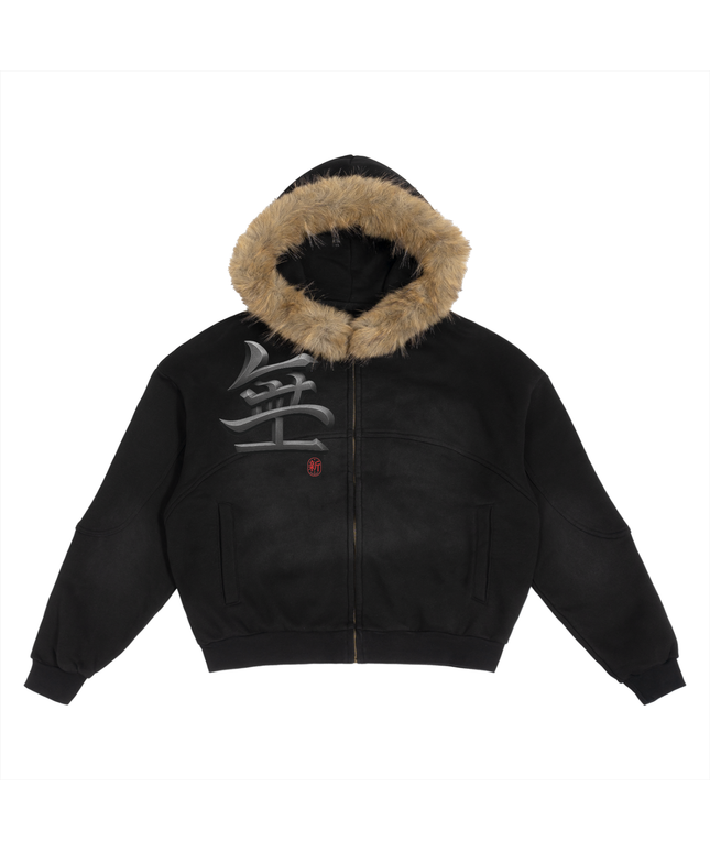 Shinsei Sun Fade hoodie in black with detachable fur trim — Obrava Collective