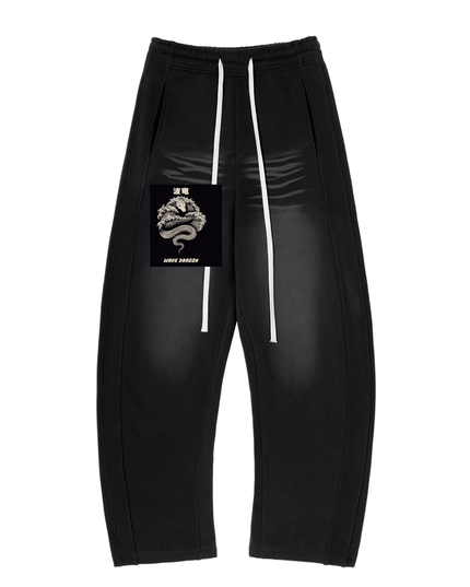 Kanji Dragon sunfade sweatpants, front: 波竜 wave-dragon panel on the left thigh