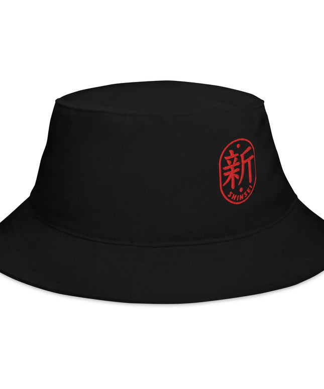 Shinsei kanji embroidered cotton twill bucket hat, front view