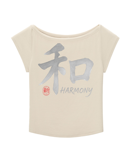 Shinsei Chōwa kanji wide-neck graphic tee in light apricot — Obrava Collective