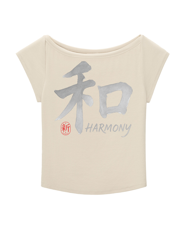 Shinsei Chōwa kanji wide-neck graphic tee in light apricot — Obrava Collective