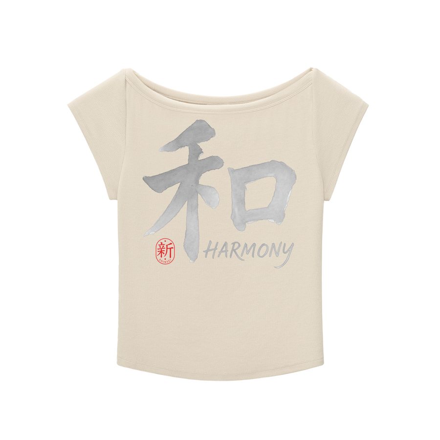 Shinsei Chōwa kanji wide-neck graphic tee in light apricot — Obrava Collective