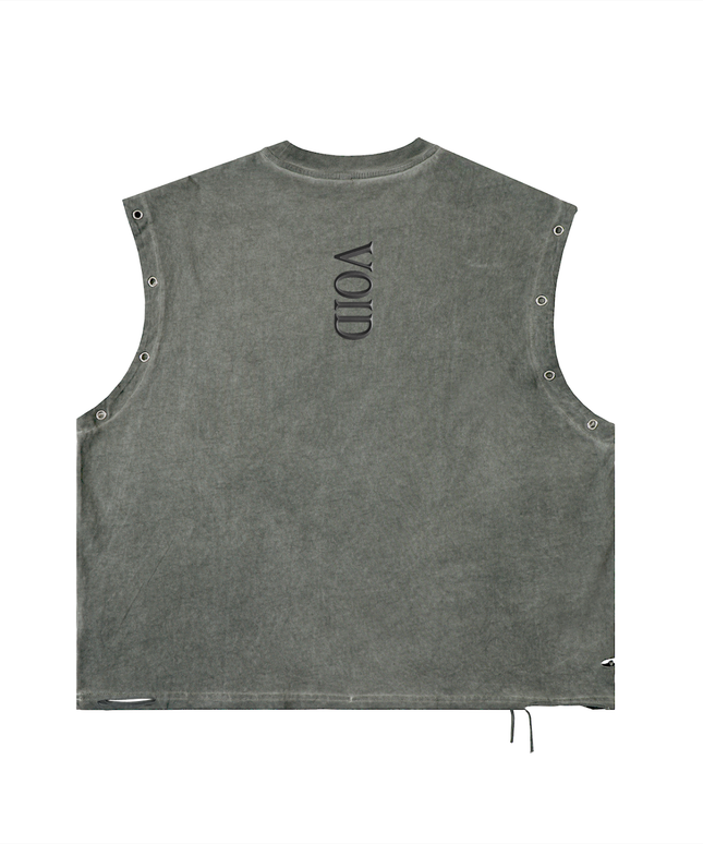 Shinsei Void distressed grommet tank in gray, heavyweight cotton — Obrava Collective
