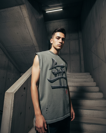 Model in the Void grommet tank in a concrete stairwell