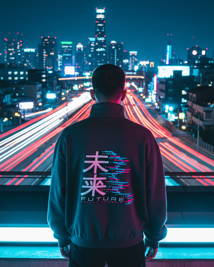 Model in the Core zip jacket with the 未来 print on a neon-lit city street