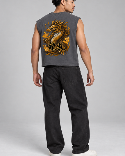 Studio model wearing Kanji Dragon Cropped Tank — 280GSM Heavyweight