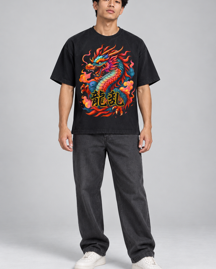 Studio model wearing Kanji Dragon Sunfade Graphic Tee — Hand-Scrunched 250GSM