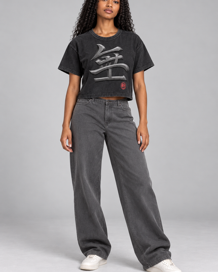 Studio model wearing Shinsei Void Crop Top — Snow-Washed
