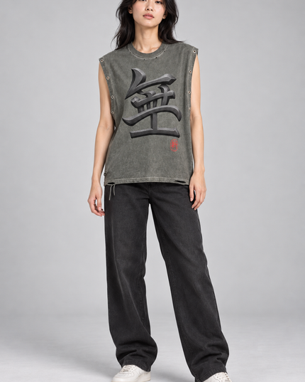 Studio model wearing Shinsei Void Grommet Tank — Distressed