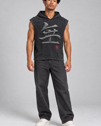 Studio model wearing Shinsei MU Void Hooded Tank — Snow-Washed