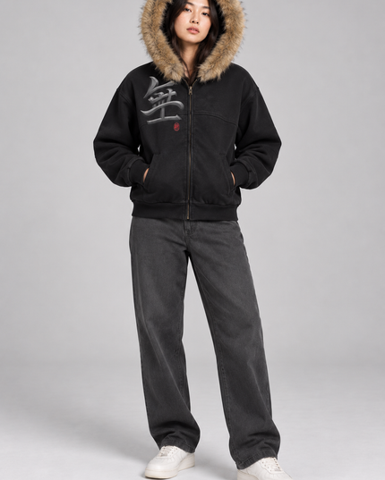 Model wearing the Shinsei Void sunfade zip hoodie with faux-fur hood