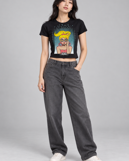 Model wearing the black Core XOXO cropped baby tee