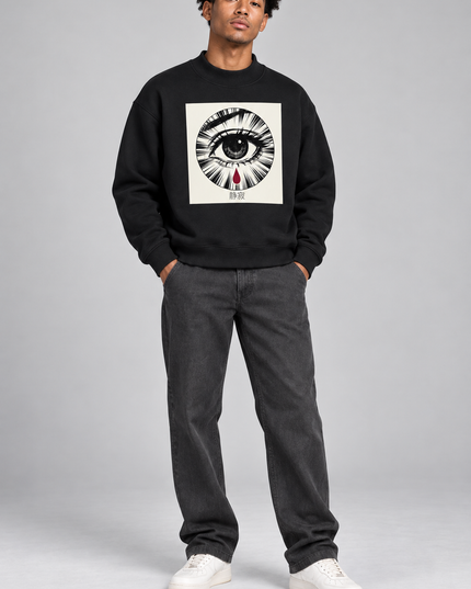 Model wearing the Shinsei mock-neck sweatshirt