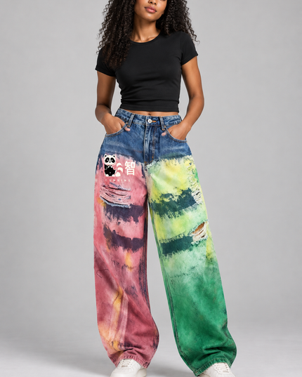 Studio model wearing the Core color-splatter wide-leg jeans