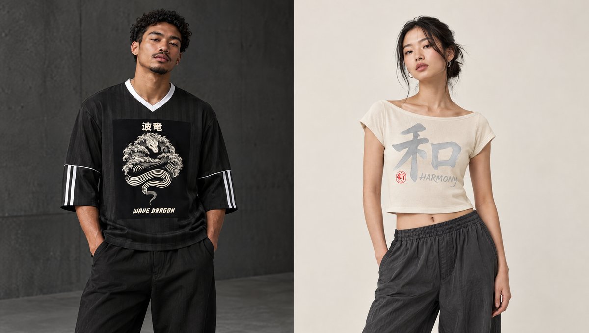 Obrava Collective split hero with models wearing the black Wave Dragon jersey and light apricot Shinsei Chōwa tee