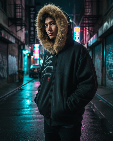 Model in the Shinsei Void sunfade zip hoodie with faux-fur hood on a neon-lit street
