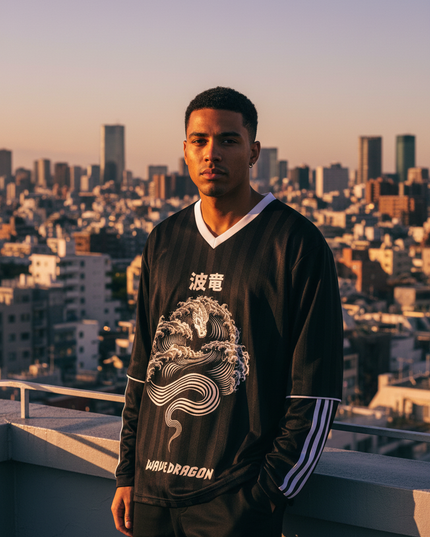 Model in the wave dragon jersey on a rooftop at sunset